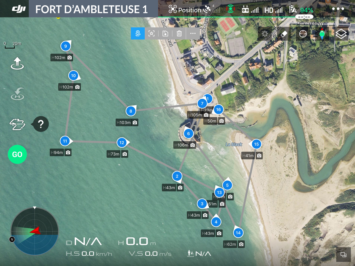 Vue aérienne du Fort d'Ambleteuse avec 16 points de vue d'un plan de vol de drone numérotés.