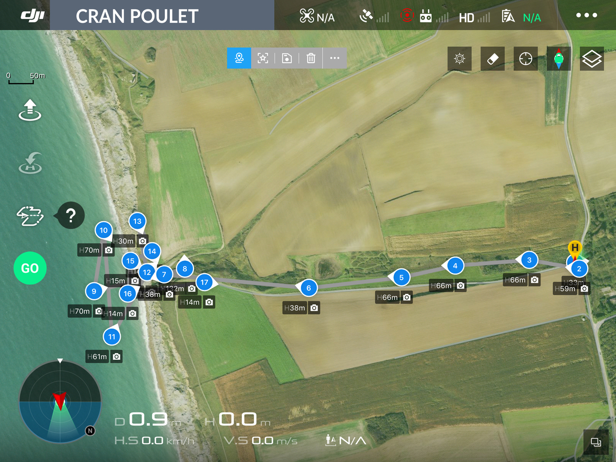 Vue aérienne du Cran Poulet avec 17 points de vue d'un plan de vol de drone numérotés.