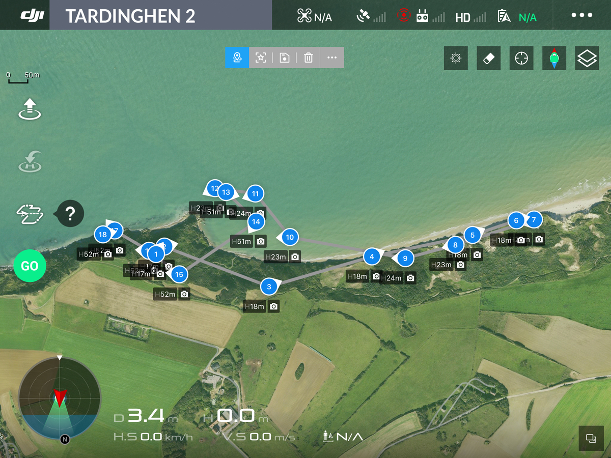 Vue aérienne de Tardinghen 2 avec 18 points de vue d'un plan de vol de drone numérotés.