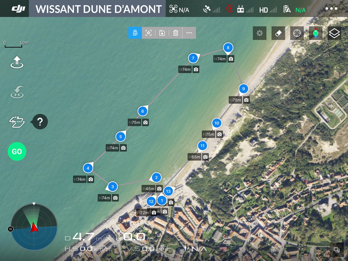 Vue aérienne de la Dune d'Amont avec 13 points de vue d'un plan de vol de drone numérotés.