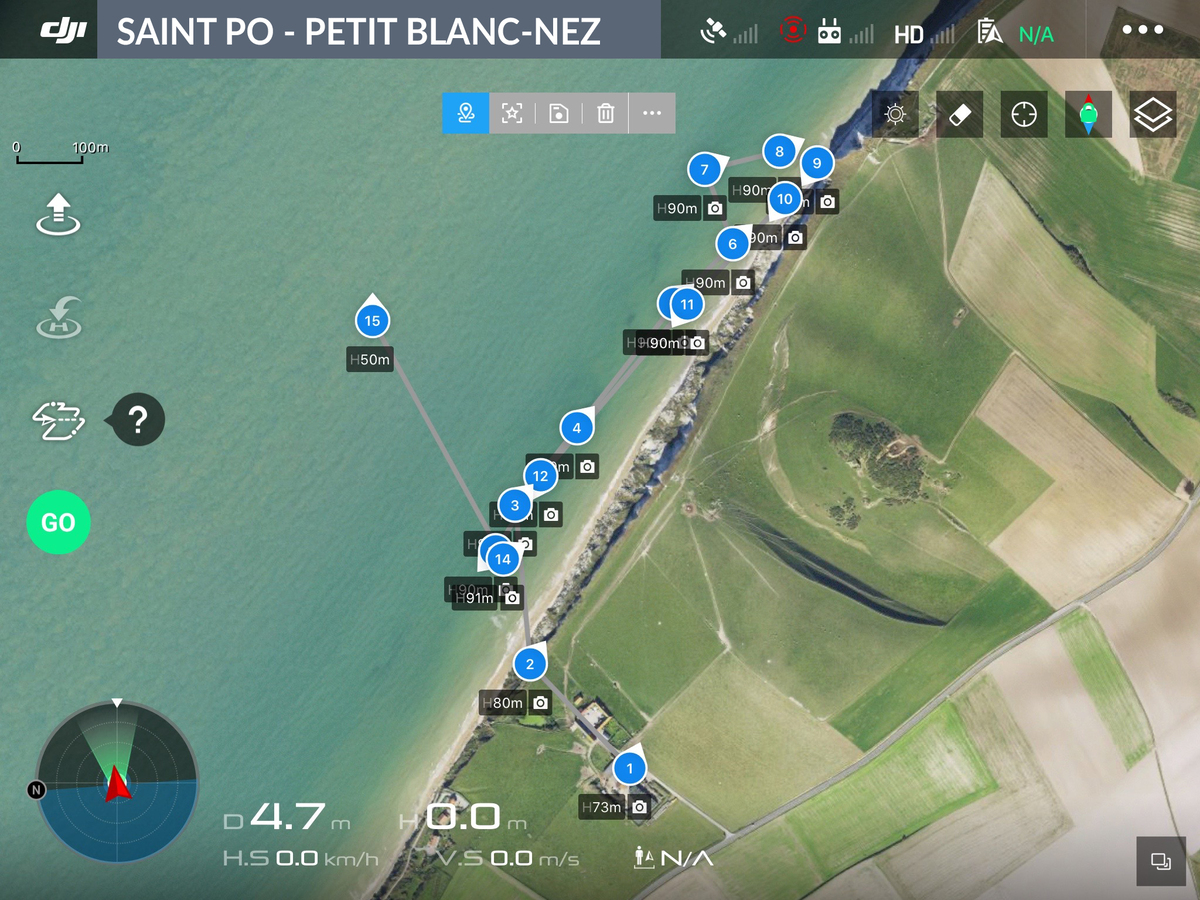 Vue aérienne de Saint-Pô Petit Blanc-Nez avec 15 points de vue d'un plan de vol de drone numérotés.