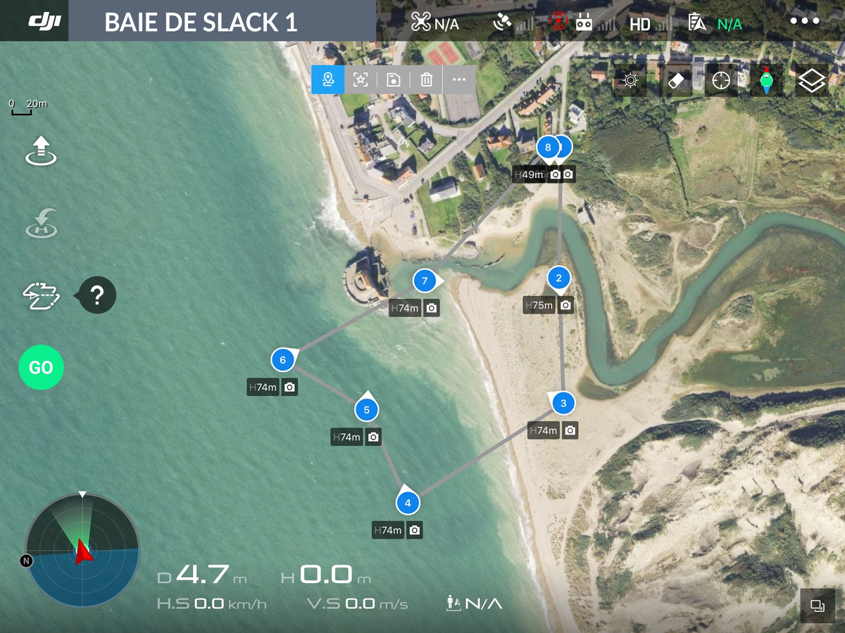 Vue aérienne des Baies de Slack avec 8 points de vue d'un plan de vol de drone numérotés.