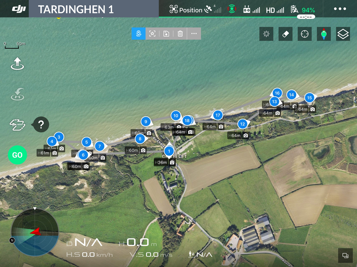Vue aérienne de Tardinghen 1 avec 19 points de vue d'un plan de vol de drone numérotés.