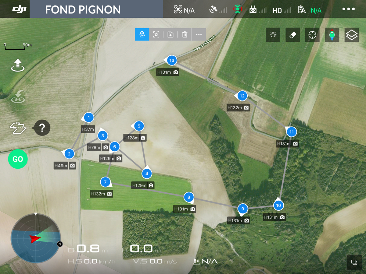 Vue aérienne du Fond Pignon avec 13 points de vue d'un plan de vol de drone numérotés.